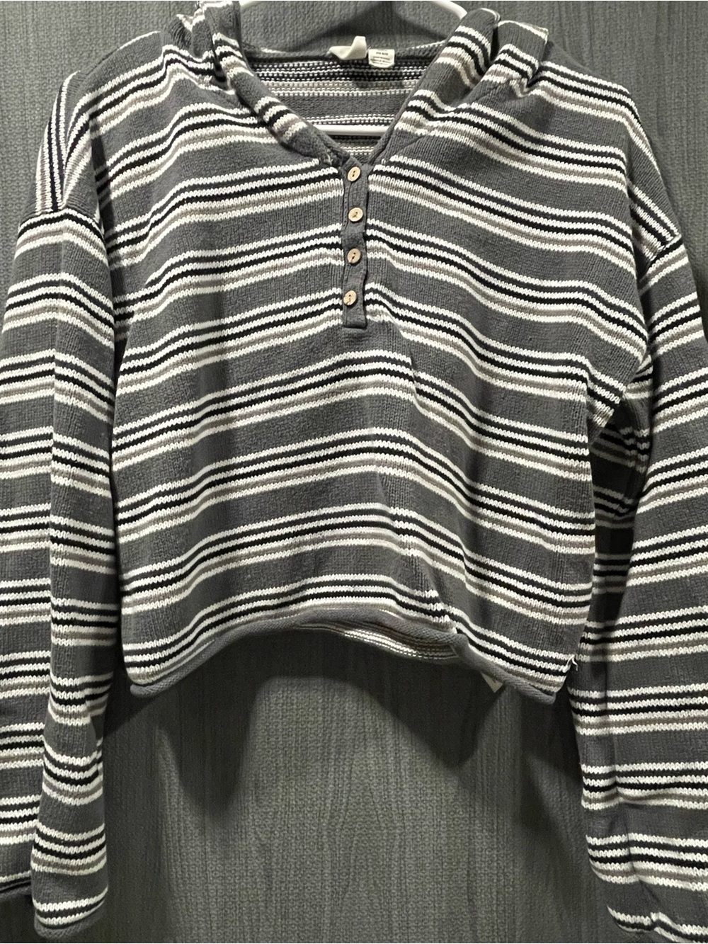 Roxy Striped Hooded Henley in Gray and White